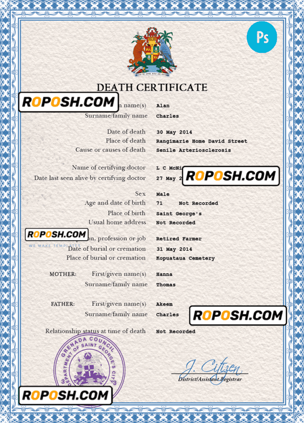 Grenada death certificate PSD template, completely editable