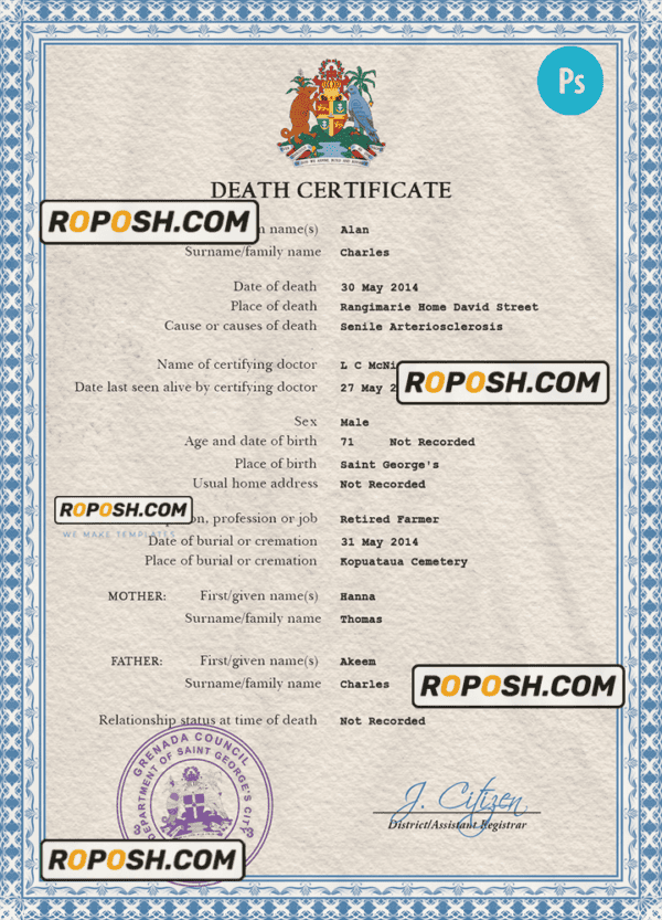 Grenada death certificate PSD template, completely editable