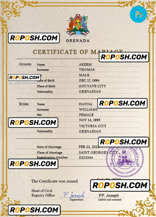 Grenada marriage certificate PSD template, fully editable
