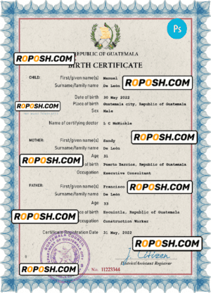 Guatemala vital record birth certificate PSD template