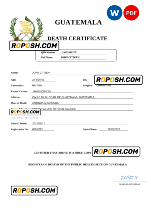 Guatemala death certificate Word and PDF template, completely editable
