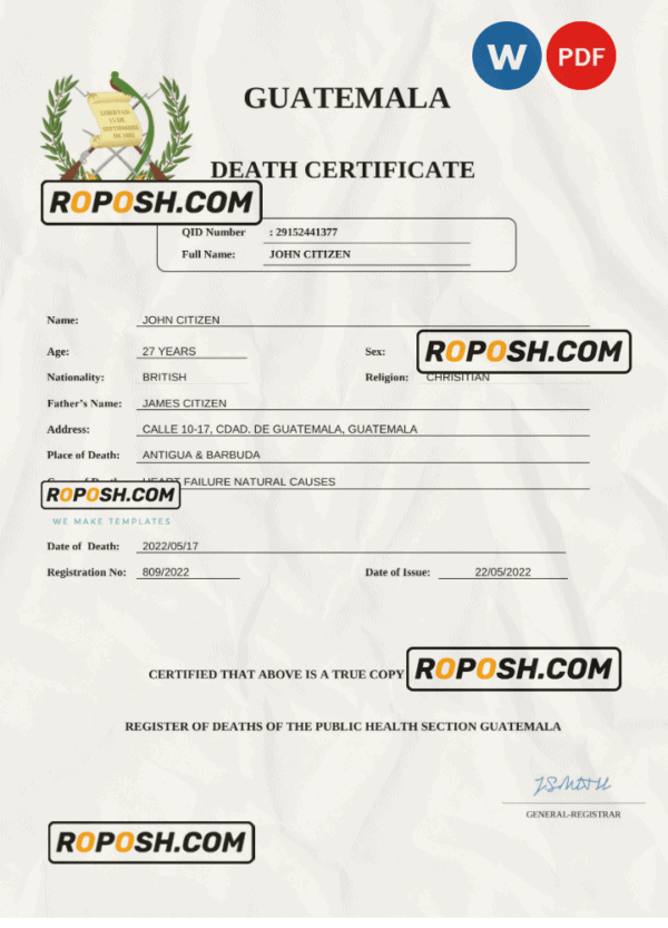 Guatemala death certificate Word and PDF template, completely editable