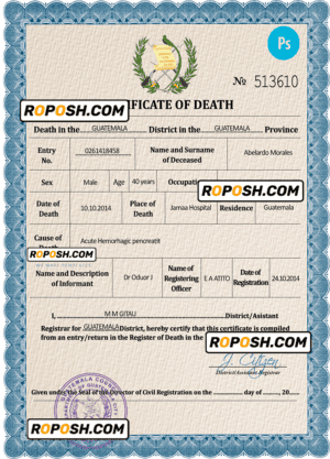 Guatemala vital record death certificate PSD template, fully editable