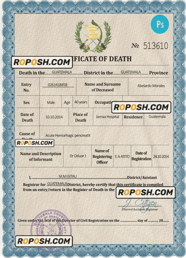 Guatemala vital record death certificate PSD template, fully editable