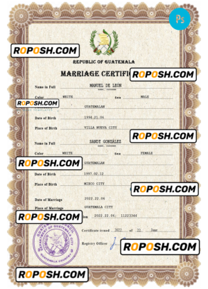 Guatemala marriage certificate PSD template, completely editable