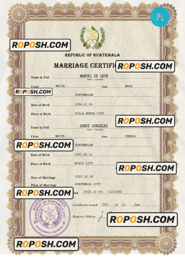 Guatemala marriage certificate PSD template, completely editable scan effect