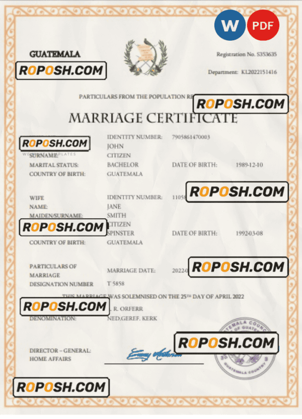 Guatemala marriage certificate Word and PDF template, completely editable