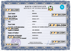 Guinea-Bissau birth certificate PSD template, completely editable