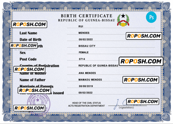 Guinea-Bissau birth certificate PSD template, completely editable