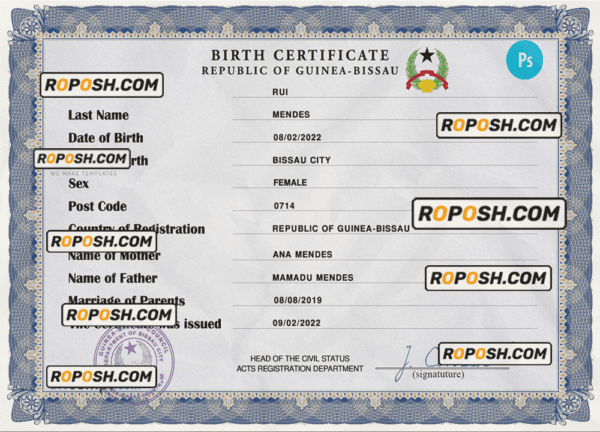 Guinea-Bissau birth certificate PSD template, completely editable