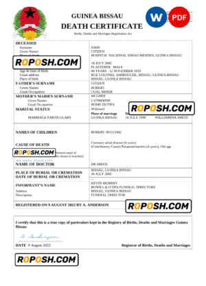 Guinea Bissau vital record death certificate Word and PDF template