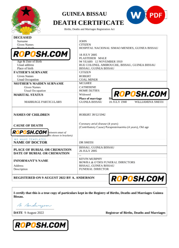 Guinea Bissau vital record death certificate Word and PDF template
