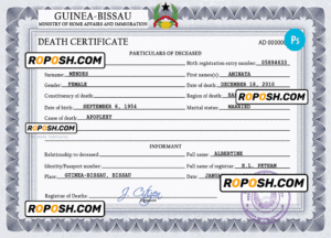 Guinea-Bissau vital record death certificate PSD template, completely editable