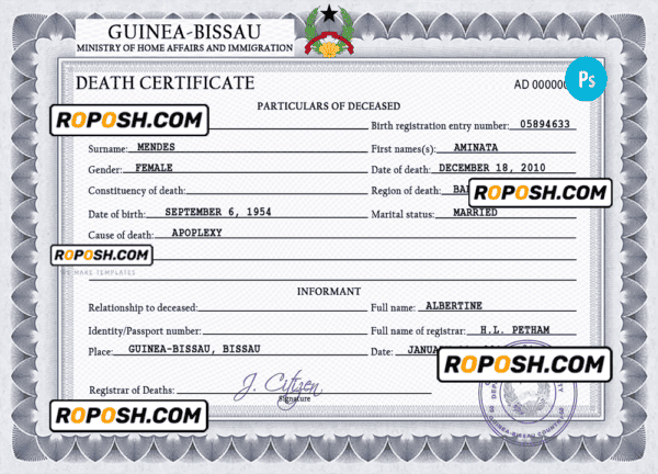 Guinea-Bissau vital record death certificate PSD template, completely editable