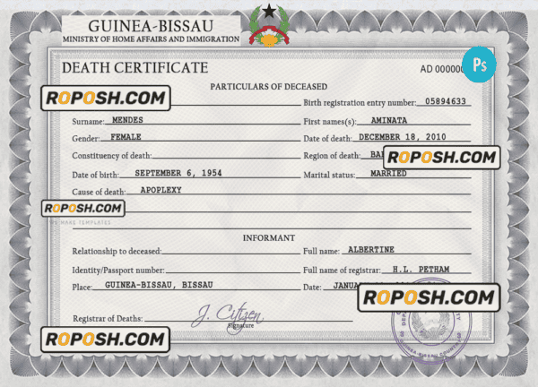 Guinea-Bissau vital record death certificate PSD template, completely editable