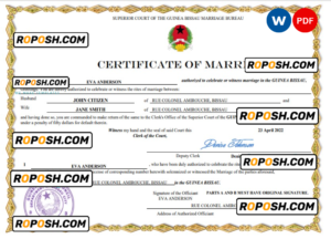 Guinea Bissau marriage certificate Word and PDF template, fully editable