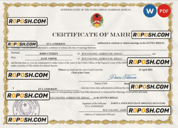 Guinea Bissau marriage certificate Word and PDF template, fully editable
