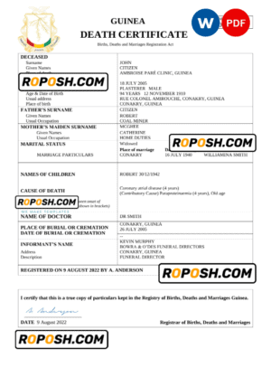 Guinea death certificate Word and PDF template, completely editable