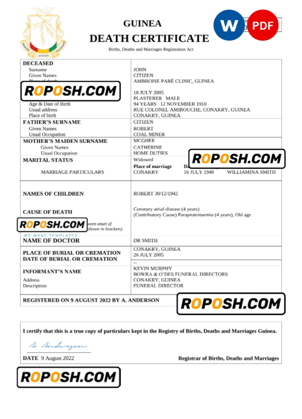 Guinea death certificate Word and PDF template, completely editable