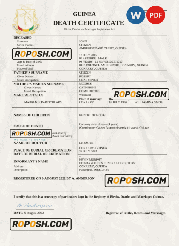 Guinea death certificate Word and PDF template, completely editable