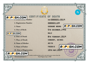 Guinea death certificate PSD template, completely editable