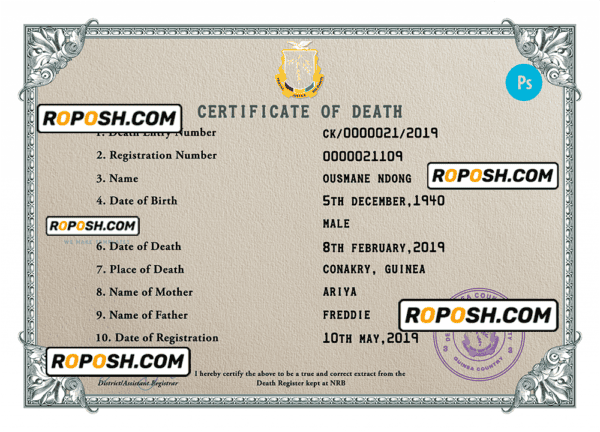 Guinea death certificate PSD template, completely editable