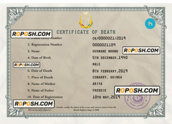 Guinea death certificate PSD template, completely editable