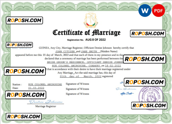 Guinea marriage certificate Word and PDF template, fully editable