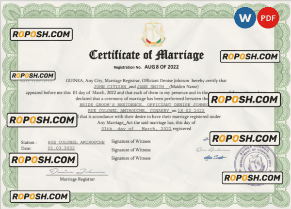 Guinea marriage certificate Word and PDF template, fully editable