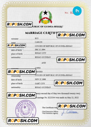 Guniea-Bissau marriage certificate PSD template, completely editable