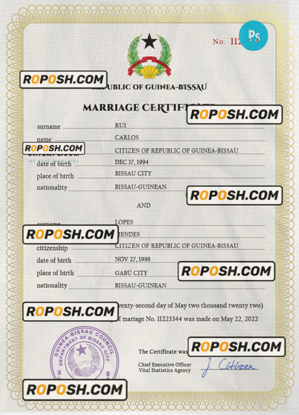 Guniea-Bissau marriage certificate PSD template, completely editable scan effect