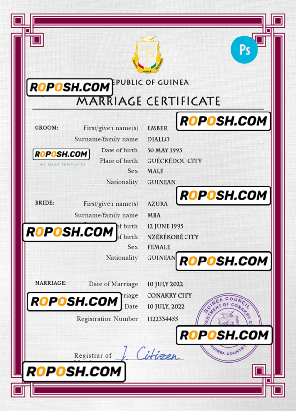 Guniea marriage certificate PSD template, fully editable