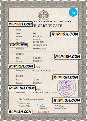 Guyana vital record birth certificate PSD template, fully editable