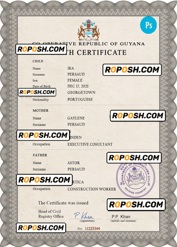 Guyana vital record birth certificate PSD template, fully editable