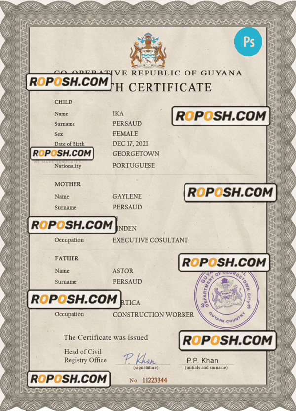Guyana vital record birth certificate PSD template, fully editable