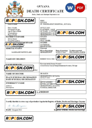 Guyana death certificate Word and PDF template, completely editable