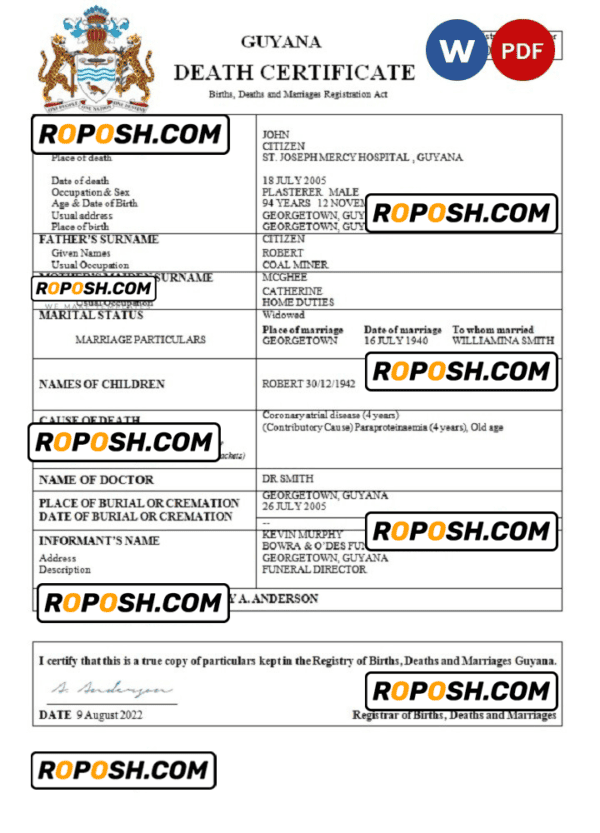 Guyana death certificate Word and PDF template, completely editable