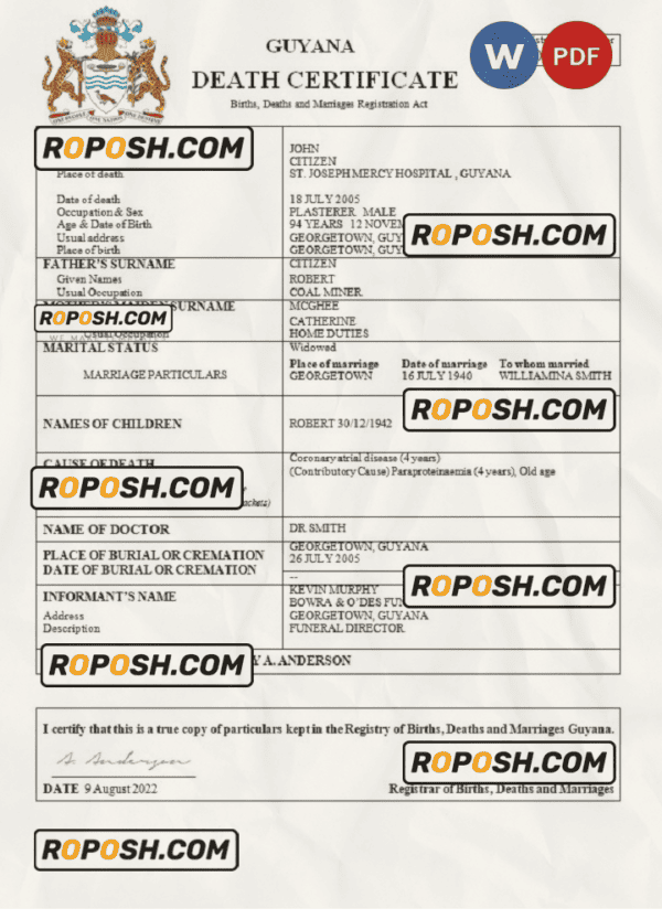 Guyana death certificate Word and PDF template, completely editable