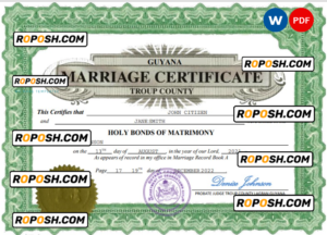 Guyana marriage certificate Word and PDF template, fully editable