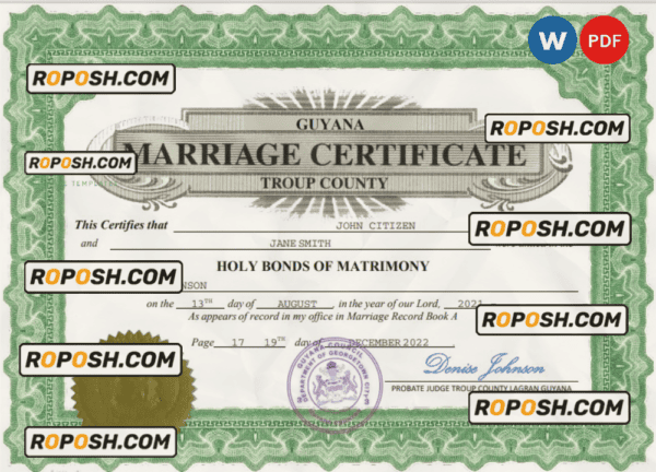 Guyana marriage certificate Word and PDF template, fully editable