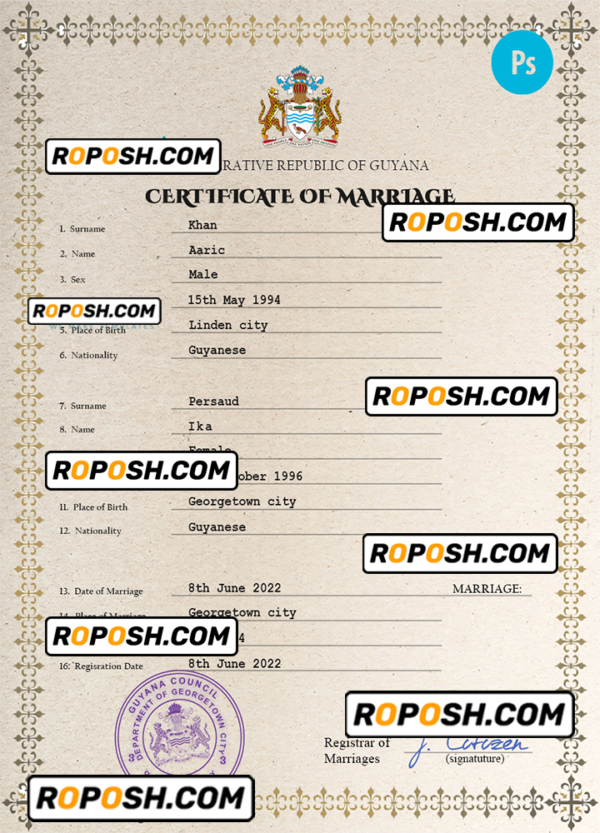 Guyana marriage certificate PSD template, fully editable