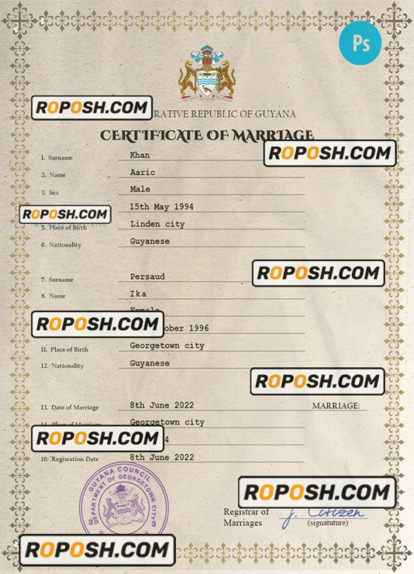 Guyana marriage certificate PSD template, fully editable scan effect