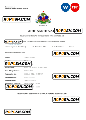 Haiti vital record birth certificate Word and PDF template, completely editable