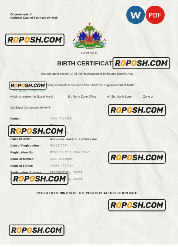 Haiti vital record birth certificate Word and PDF template, completely editable
