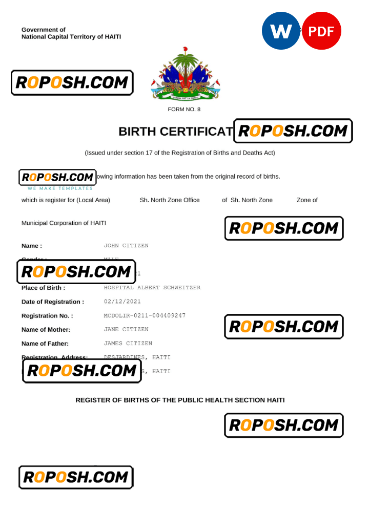 Haiti vital record birth certificate Word and PDF template completely