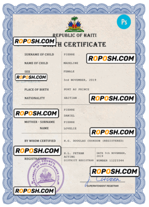 Haiti vital record birth certificate PSD template