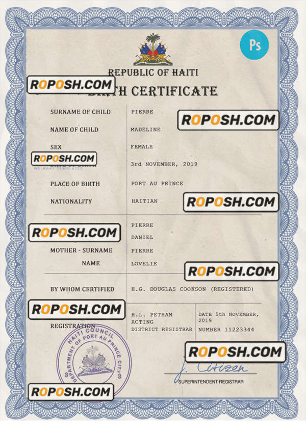 Haiti vital record birth certificate PSD template