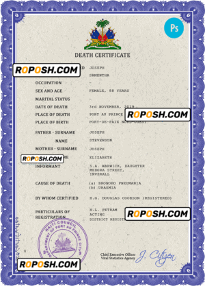Haiti death certificate PSD template, completely editable