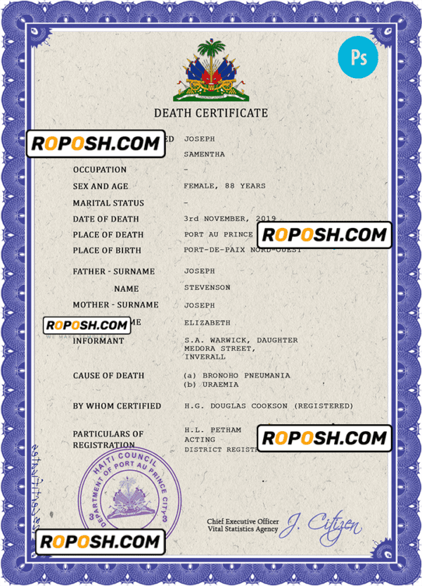 Haiti death certificate PSD template, completely editable