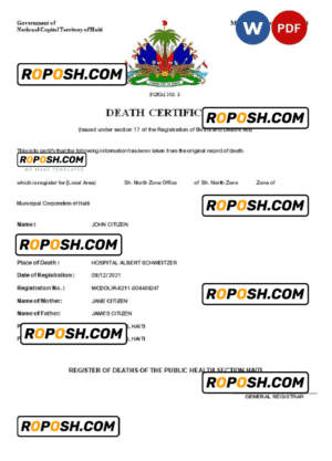 Haiti death certificate Word and PDF template, completely editable